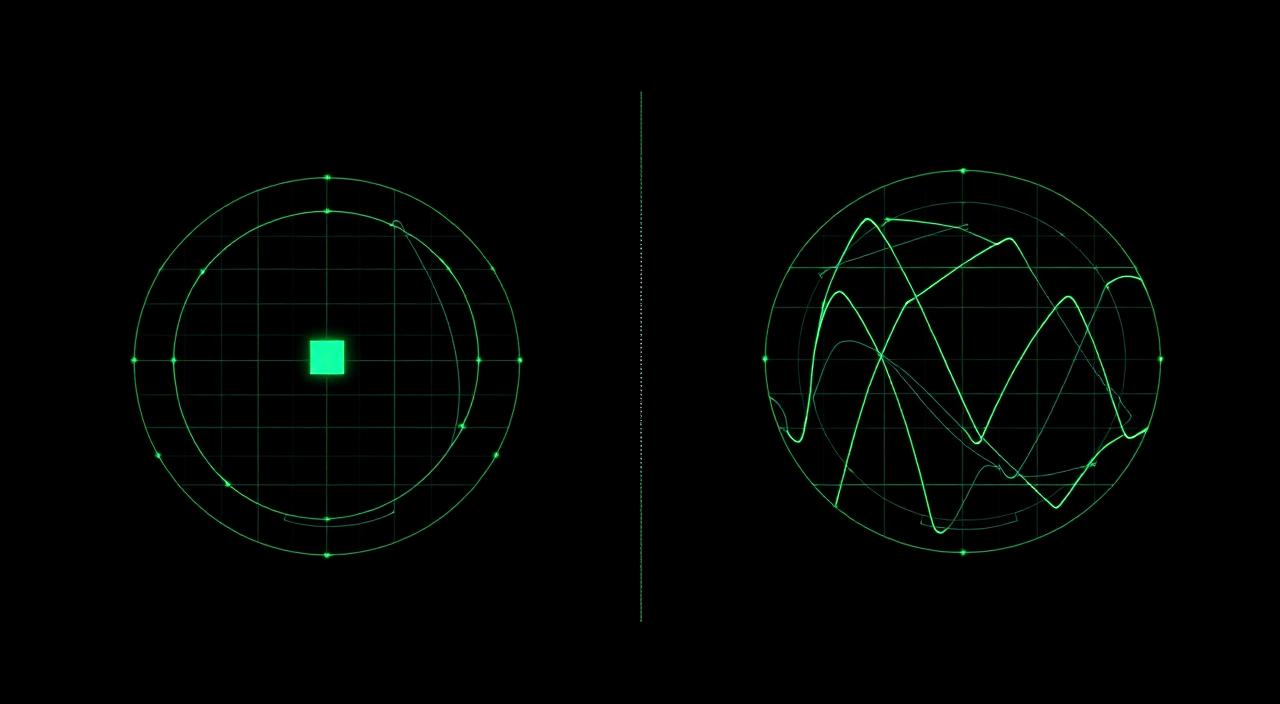 Two abstract arena diagrams side by side: a locked-seed async snapshot on the left and a live realtime overlap on the right — neon green vector lines on black.