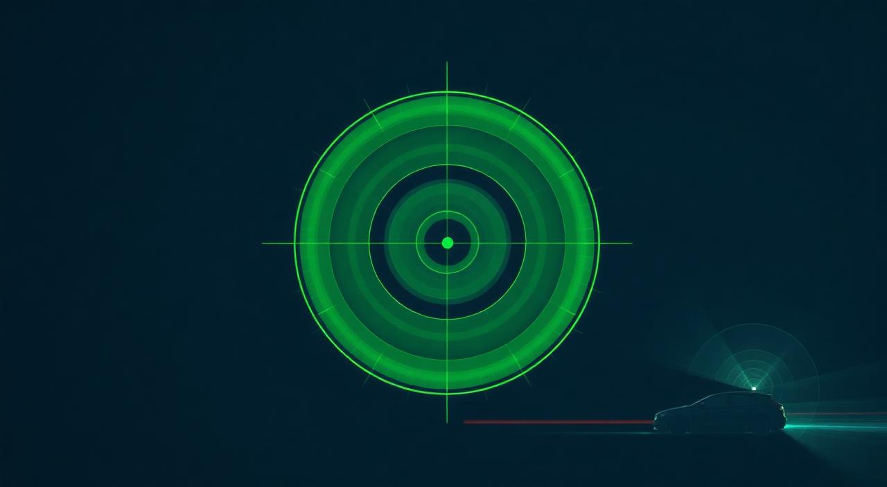 A green phosphor PPI radar sweep at center; a car silhouette emitting a radar cone at the right — the civilian legacy of radar.