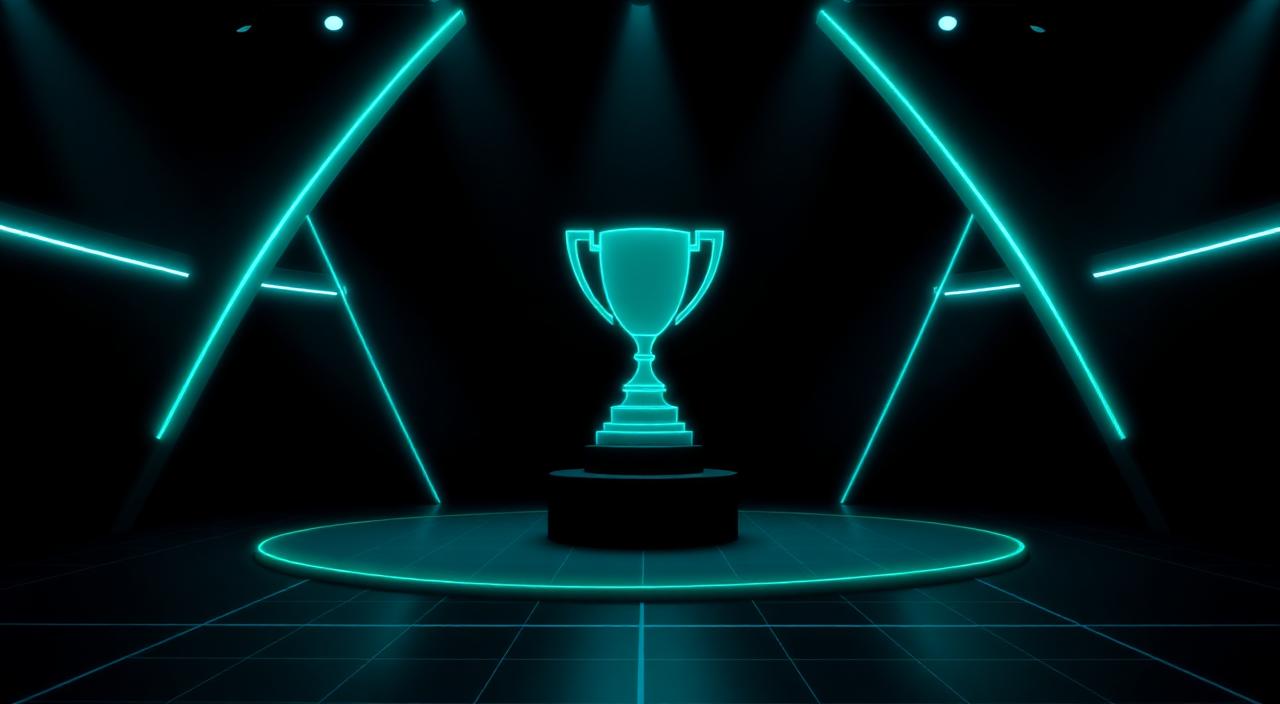 Glowing neon trophy on an abstract competitive arena stage.