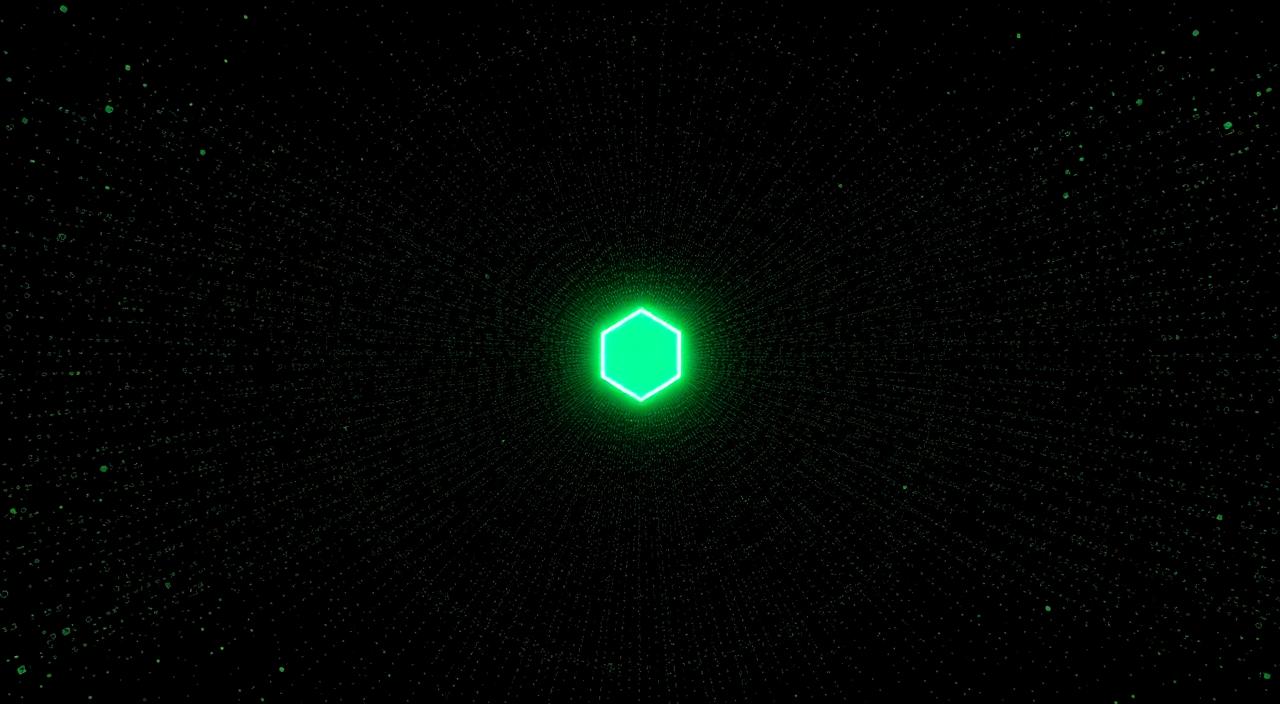 A dense field of dim geometric glyphs on black with a single bright neon-green hexagon glowing at the center — signal-against-noise composition.