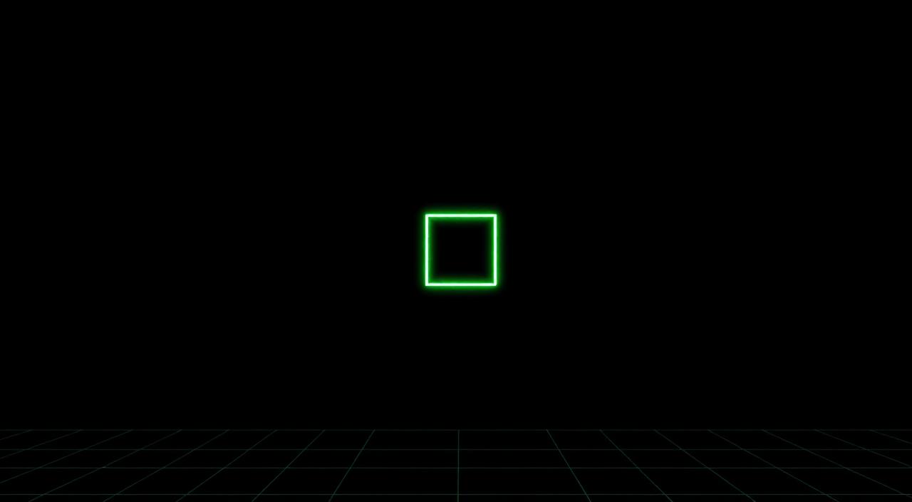 A single bright neon-green square at the center of a pure black field with a faint grid below — brutalist composition showing minimalist game design's argument from negative space.