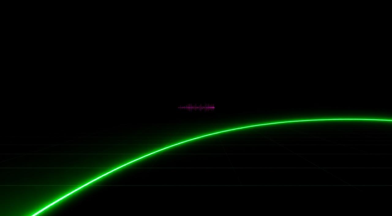 Neon green waveform glowing over a black background with a faint magenta cyberpunk grid in the distance — radar/oscilloscope aesthetic.