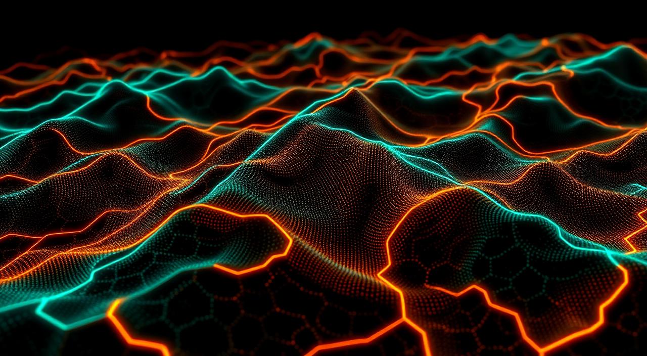 Layered neon Perlin-noise terrain over a hexagonal grid, generative aesthetic.