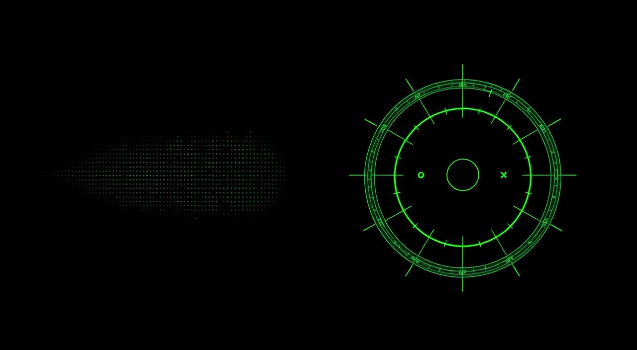 Faint pixel grid dissolving on the left into a clean radar-style ring on the right with two opposing markers — an abstract neon-green-on-black composition showing the evolution of competitive arenas.