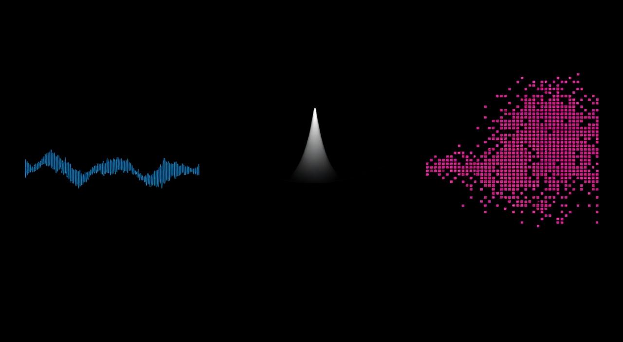 Three vertical panels rising out of silence: cold blue waveform left, white spike center, magenta pixel cloud right.