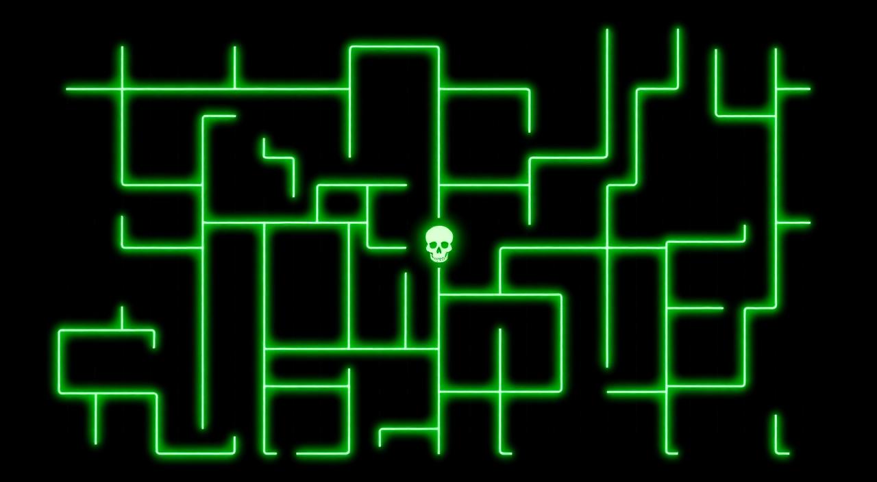 Neon green procedural dungeon grid on black, with a single glowing skull node at the centre — minimalist roguelike aesthetic.